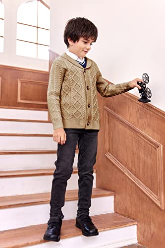 Makkrom Kids And Boys Shawl Collar Cardigan Sweater Long Sleeve Button Cable Knitted Jumper Winter Outwear Khaki #TOP3