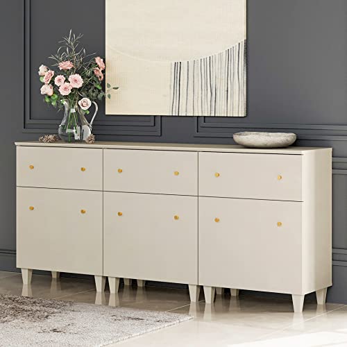Wampat Set Of 3 Storage Cabinets, 70.8" Kitchen Sideboards With Drawers And Doors, Modern Beige Coffee Bar Cabinets With Adjustable Shelves And Solid Legs For Living Room, Entryway, Hallway #TOP5
