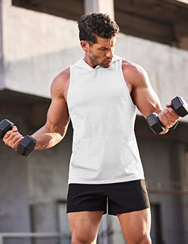 Coofandy Mens Workout Hooded Tank Tops Bodybuilding Muscle Cut Off T Shirt Gym Hoodies, White, Large, Sleeveless #TOP5