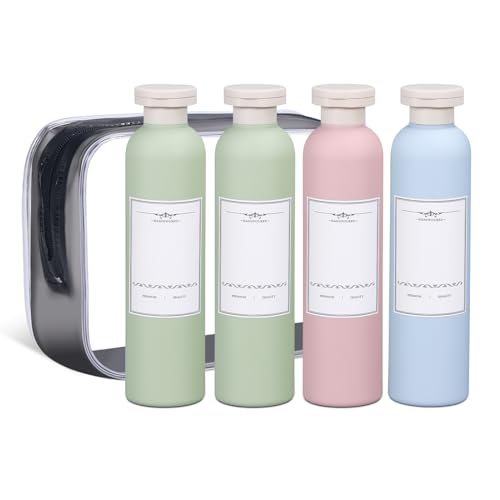 ASEVAT 3 Pack Travel Squeeze Bottles, 8.8 oz Leak Proof Refillable Plastic Toiletry Containers, BPA Free Travel Size Bottles for Shampoo, Lotion, Body Wash, with Clear Toiletry Bag, Blue Pink Green