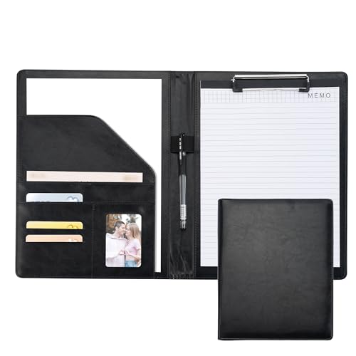 Black Portfolio Organizer, Leather Portfolio for Men, Business Binder with Pen Holder, Resume Portfolio Folder, Clipboard Folder for Notebook, Padfolio Clipboard Included Pen and Notepad (Black)