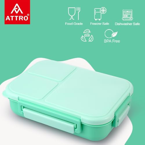 Image of ATTRO Gourmet 3 Compartment Lunch Box Portable Meal Organizer for Office, School BPA-Free, Food Grade Freezersafe, Microwave & Oven Safe 1700ml Mint Green, Plastic