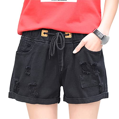 JEKE-DG Women Distressed Ripped Hole Jeans Shorts Drawstring Elastic Waist Jean Shorts Mid Waisted Stretch Denim Shorts (X-Large,Black)