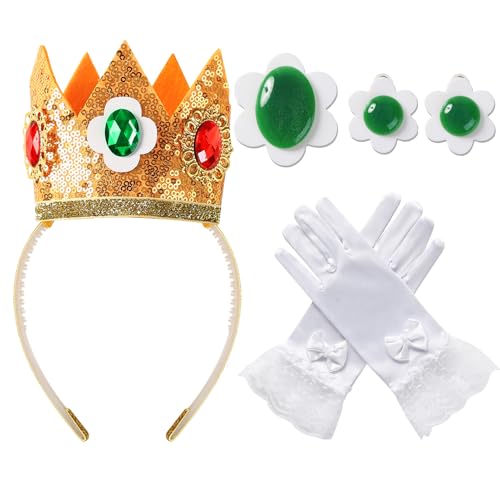 Neujiwo Princess Costume Accessories for Women Crown Headband Green Flower Clip On Earrings Brooches Gloves Party Dress up