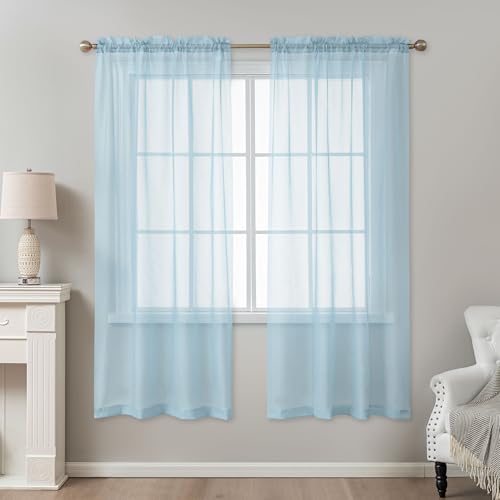 Image of Blue Sheer Curtains 72 Inches Long, Privacy Semi Sheer Curtains for Living Room Bedroom, Light Filtering Rod Pocket Voile Window Drapes 2 Panels Set, Each 42 inch W x 72 inch L