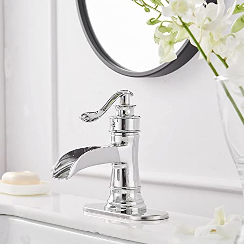 Lonheo Waterfall Bathroom Faucet Single Handle Bathroom Sink Faucet with Lift Rod Drain Stopper, Brushed Nickel Faucet for Bathroom Sink, Single Hole RV Farmhouse Vanity Sink Faucet with Deck Plate