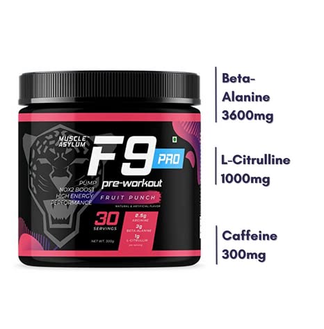 Image of Muscle Asylum F9 Pro Pre-Workout - 30 Servings,300 Gm (Fruit Punch)|Boosts Energy & Endurance|Improves Focus,Powder,1 Count