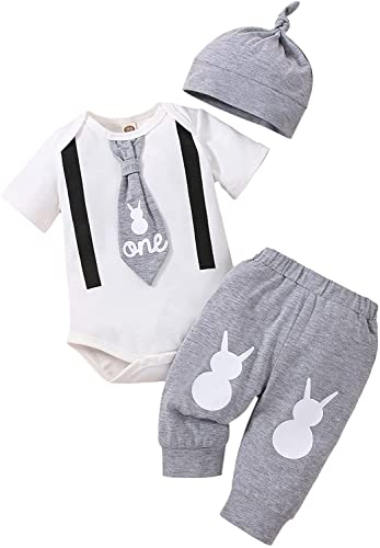 GNMKILUS 3 Stück Neugeborene Baby Jungen My First Easter Outfits, Kurzarm Gentleman Strampler Top Bunny Pants Hat Infant Ostern Kleidung, grau, 86 Cover