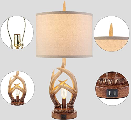 Scenekoy Rustic Farmhouse Antlers Table Lamp Set Of 2 With Nightlight Dual Usb Ports Linen Fabric Hardback Shade Bedside Lamp Decor For Living Room Bedroom Office House #TOP2