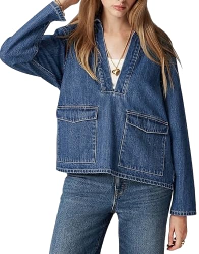 Kedera Women's Denim Pullover Casual V Neck Blouse Loose Fit Long Sleeve Jean Jacket Western Shirt with Pocket2