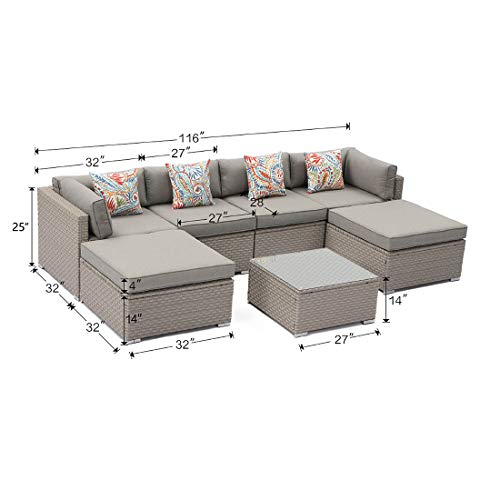 Cosiest 7-Piece Outdoor Furniture Warm Gray Wicker Family Sectional Sofa W Thick Cushions, Glass Top Coffee Table, 2 Ottomans, 4 Floral Fantasy Pillows For Garden, Pool, Backyard #TOP5