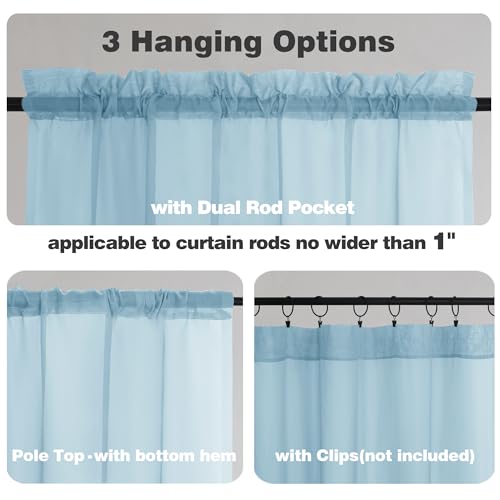 Image of Chyhomenyc Light Blue Sheer Valances for Windows 2 Pack, Small Window Curtains for Living Room Bathroom Cafe Laundry Basement, Modern Top Dual Rod Pocket Voile Curtain, 42W x 14L inches, Sky Blue