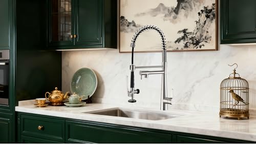 Image of Copper Kitchen Faucet, Solid Brass Brushed Nickel Kitchen Faucet, Heavy Duty Spring Pre-Rinse Single Handle Kitchen Faucets with Pull Down Sprayer and Pot Filler, Commercial Style Sink Faucet