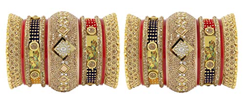 Image of NMII Traditional Gold Plated Acrylic Bangles Bridal Chuda Set For Women & Girls with Zircon Diamond & Pearls Beads Work | Royal Wedding Chudas | Premium Look | Bangles For Wedding, Festive, Function
