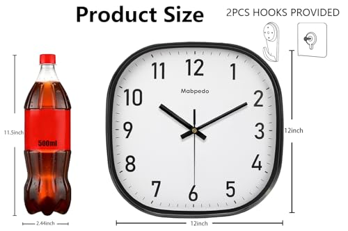 Image of Wall Clocks Battery Operated, 12 Inch Silent Wall Clock, Non Ticking Square Analog Decorative Wall Clocks for Bedroom Living Room Office Home Gym Porch Decor Indoor Outdoor Clock, Black