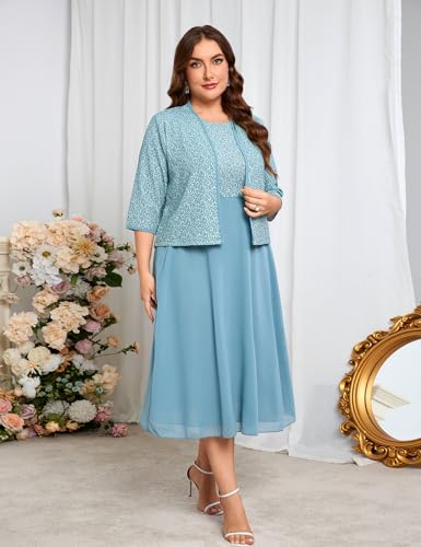 Image of ZOMVA Plus Size Sparkly Mother of The Bride Dresses with Jacket 2 Piece Chiffon A-Line Dress Wedding Guest Formal