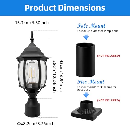 Image of 17 inch Black Outdoor Post Light Fixture, Pole Mount Outside Light for Garden Entrance Driveway Black Pillar Lantern 17 Inch Pier Mount Outdoor Lamp Post for Front Yard