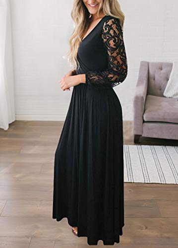 Zattcas Women's Vintage Lace Long Sleeve Wrap V Neck Evening Party Maxi Dress Black X-Large