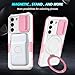 Yarxiawin Phone Case for Samsung S22 with Ring Stand Magnetic Black fits Wireless Charger, Camera Lens Protector Cover for Samsung Galaxy S22 Case Shockproof Anti-Slip (Pink White)