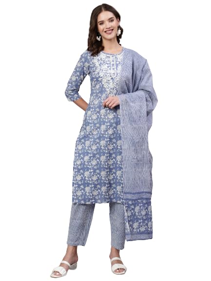 Image of Mizaz Women Embroidered Printed Cotton Round Neck 3 /4 Sleeves Straight Kurta Pant And Dupatta Set (MZ1023BLUE P)
