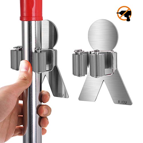 Preisvergleich Produktbild RJUN Gerätehalter Wandhalterung Besen, Besenhalter, 2 Stück 3M Selbstklebend an der Wand Befestigter Wischmop-Hakenbesen-Aufhängerhalter mit Federclip Design Montiert