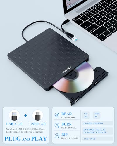 Image of External CD DVD Drive for Laptop, USB 3.0 Type-C Ultra Slim 13mm DVD Player Portable CD DVD + /-RW Drive CD Burner Reader Writer Recorder for Desktop PC Windows 11 /10 /8 /7 Linux Mac OS (Black)