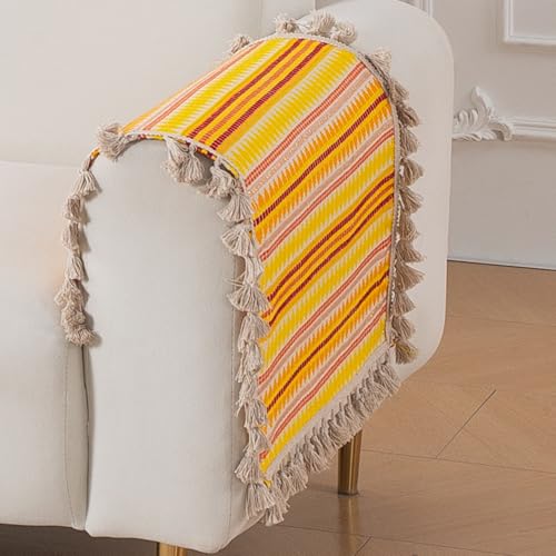 Image of HOKIPO 'Artisan Boho Series' Sofa Arm Cover with Tassel | 450 GSM Thick Cotton Acrylic Jacquard Fabric Armrest Mat Size 50x70 cm, Pack of 2, Mustard Yellow (IN-899-A1*2SM)