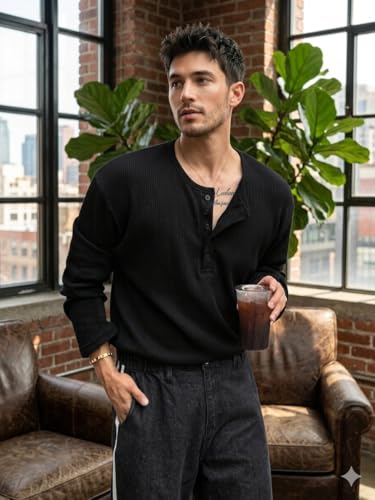 Image of Men's Textured Fabric Solid Color Basic Half-Open Collar T-Shirt, Fall Long Sleeve Men Shirt | Tshirt for Men