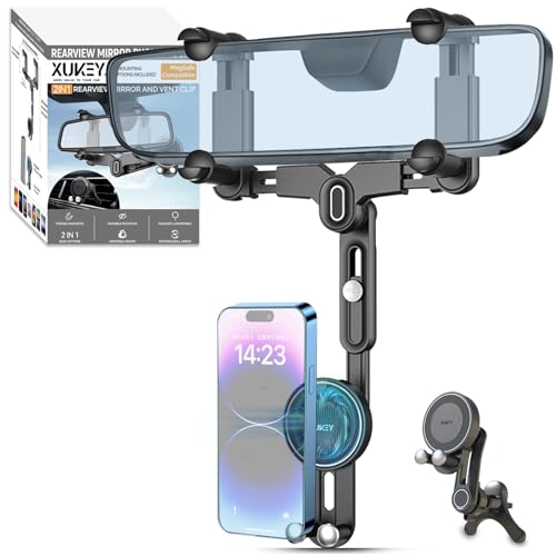 XUKEY Rearview Mirror Phone Mount Rearview Mirror Vent Clip Combo Magnetic Phone Holder Upgraded 4 Clip More Stable 360° Rotatable and Retractable Compatible with iPhone 16/15/14/13/12