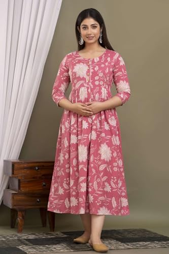Image of Maternity Feeding Kurtis for Women Cotton - Zip Access Nursing Dress | Comfortable Pregnancy Wear | Stylish Feeding Kurti | Soft Cotton Maternity Dresses for Womens