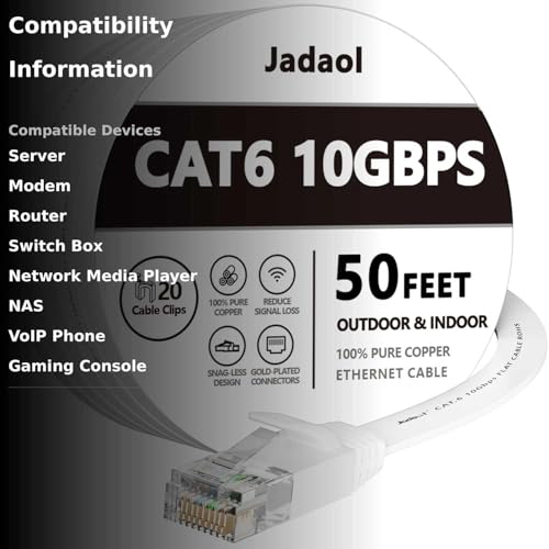 image for Jadaol Cat 6 Ethernet Cable 50 ft, Outdoor & Indoor 10Gbps Support Cat