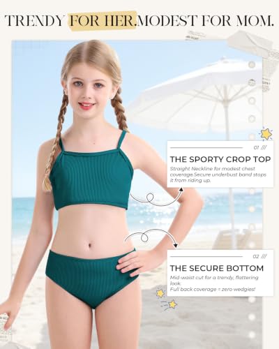 Image of Century Star Girls Ribbed 2-Piece Bikini Swimsuit - Fully Lined Modest Bathing Suit for Teens & Tweens