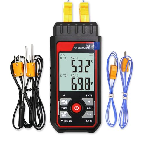 Digital Thermocouple Thermometer Dual-Channel K/J Type Thermometer -328~2501℉ Wide Range Industrial HVAC Temperature Meter with 4PCS of K-Type Thermocouple Probes, Alarm,Temp Conpensation
