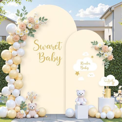 Image of Beige Arch Cover Set of 2-7.2 and 6ft Beige Arch Backdrop Cover Spandex Wedding Arch Stand Cover for Bridal Shower Birthday Party Baby Shower Banquet Photo Arches Background Decorations