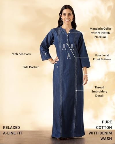 Image of 9shines Label Comfortable Cotton Denim Finish Nightdress for Women with Button Placket and Pocket(9SDLSS)