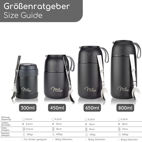 Foto von Milu® Thermobehälter für Essen 650ml, Edelstahl Warmhaltebehälter mit Löffel, Thermobecher Essen, Thermo Lunchbox für Kinder, Erwachsene, Thermobox Suppen, Babybrei, Speisebehälter Schwarz, 650ml