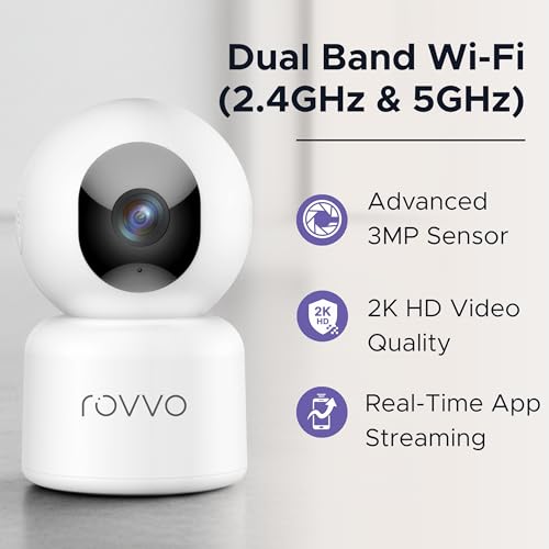 Rovvo 2K HD Pet Camera - 360° Smart Puppy Monitor with 5GHz & 2.4GHz Dual-Band WiFi, Smart Motion Tracking, 2-Way Audio, Night Vision, Indoor Camera for Dogs & Cats, Works with Phone App.