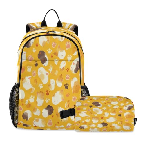 Sac d'école pattes de chat jaune avec motifs Kitty et sac lunch