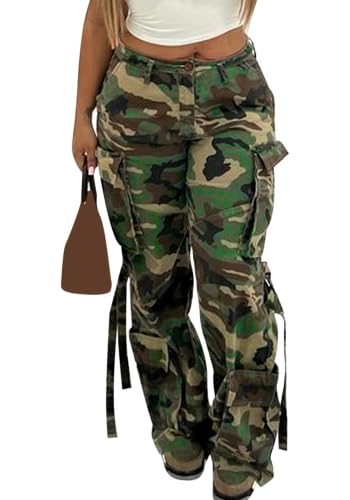 SHINFY 2025 Women Camo Cargo Pants Y2K Camouflage High Waisted Wide Leg Army Fatigue Baggy Pants with Pockets