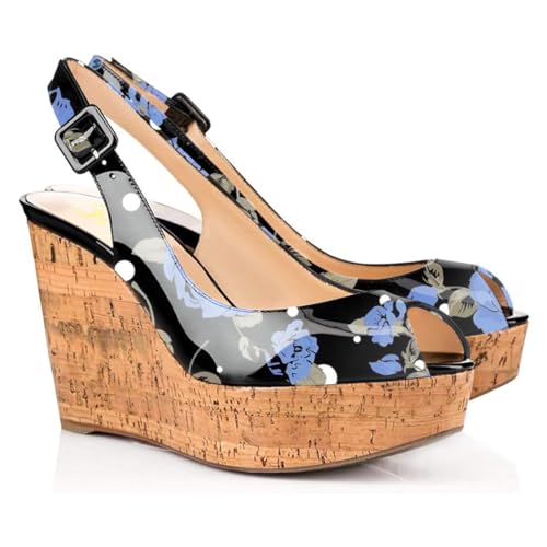 FOWT Summer Fashion Burnished Patent Leather Platform Black Wedges for Women Comfort Peep Open Toe 4 inch Heels Chic Slingback Heeled Sandals Dress Casual Shoes, US Size 4-16 M