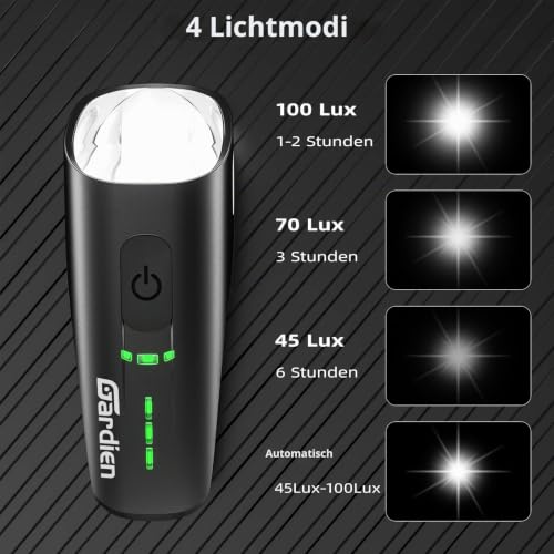Gardien LED Fahrradlicht Set, 100 LUX USB Fahrradbeleuchtung Set mit 4 Licht-Modi Aufladbar...