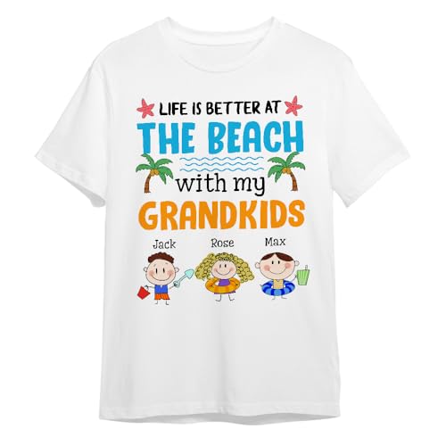 Grandma Gifts, Life is at The Beach with My Grandkids Kids Style Summer, Personalized T-Shirt, Gifts for Nanny Grandma from Kids Children, Short Sleeve Tee Shirt, Gifts for Mtoher's Day Multi Color