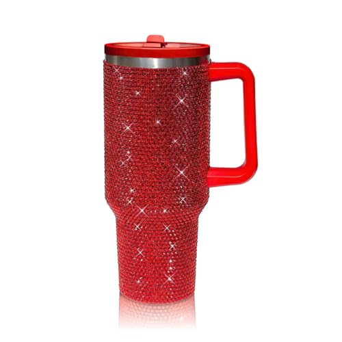 Image of 40 Oz Rhinestone Tumbler with Handle and Flip Straw | Insulated Stainless Steel Double Layer Bling Tumbler | Leak Proof Glitter Tumbler for Women | Reusable 1200ml Travel Bling Cups Red