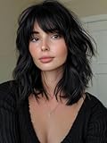 FREEMEIGE Black Short Bob Wavy Wig with Bangs for Women Loose Curly Shoulder Length Synthetic Cosplay Wig Bob for Girl Colorful Costume Wigs