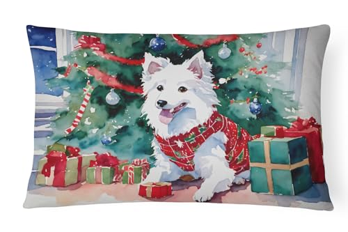 Caroline's Treasures DAC2685PW1216 Japanese Spitz Cozy Christmas Throw Pillow Machine Washable, Indoor Outdoor Decorative Pillow for Couch, Bed or Patio, 12HX16W