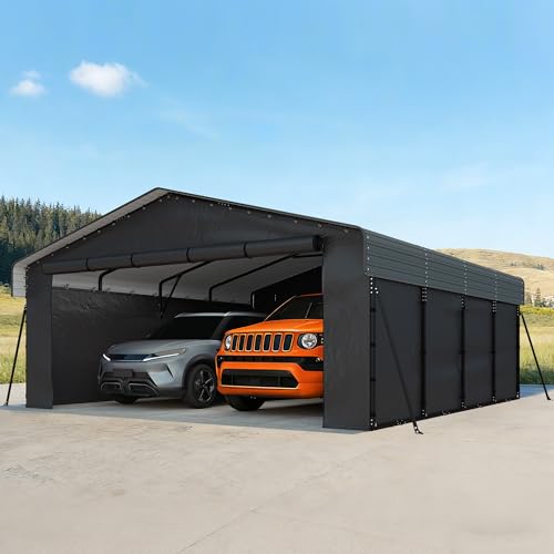 Image of Real Relax 20x20FT Heavy Duty Metal Carport, All-Weather Galvanized Steel Enclosed Car Canopy with Roll-Up Door, Reinforced Base for 2 Cars, Trucks, Boat, Gray