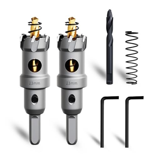 METOTY Lot de 2 scies cloches en métal de 23 mm - Scie cloche en carbure de tungstène - Avec un foret de guidage nitré supplémentaire gratuit et une clé en L - Pour acier, fer, aluminium, métal