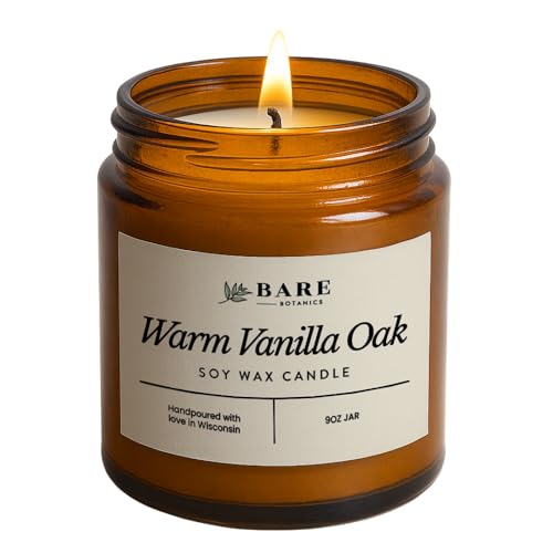 Bare Botanics Warm Vanilla Oak 9oz Soy Candle - 100% Plant-Based Fragrance Oils - Premium, Non-Toxic Candle - Softly Scented Natural Soy Wax - Handpoured in WI - 40 Hrs Long Burning & Ready to Gift