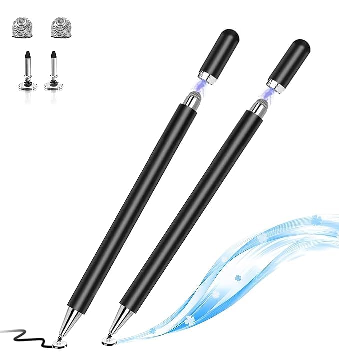 Image of OLV Aluminium Fine Point Stylus Pen with Spare Disk for Touch Screen Devices | 2-in-1 Capacitive for iPad, iPhone, iPad Pro, Android Tablets | Precision Stylus for Drawing, Sketching, Writing (Black)