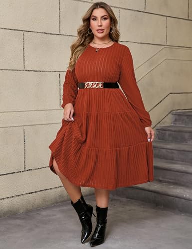 ShopWonder Women Plus Size Knit Sweater Dress Round Neck Long Sleeves Comfy Pullover Winter Midi Dress with Belt3